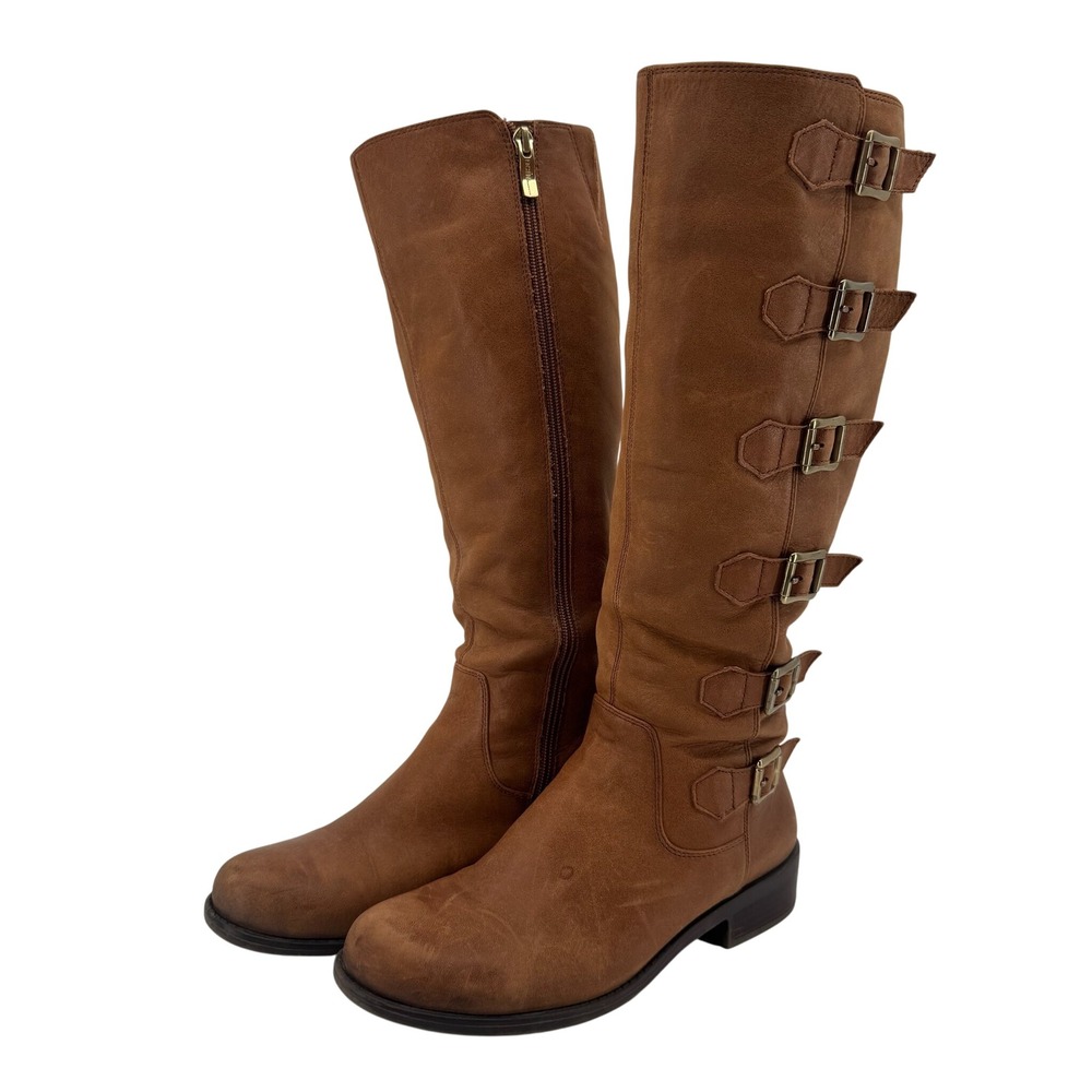 BCBGeneration Boots Womens 7.5 Brown Leather Tall Knee High 6 Buckle Riding Moto